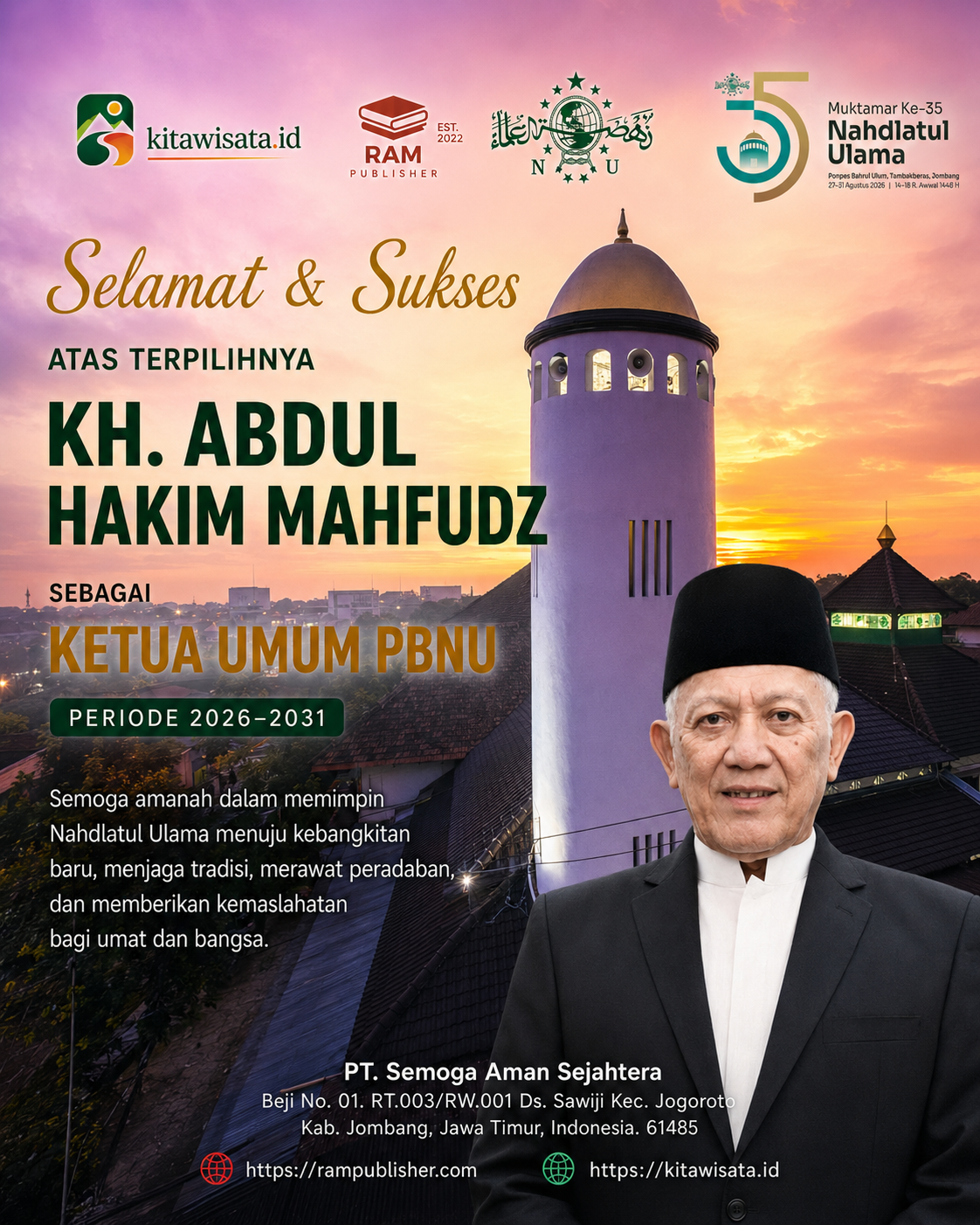 Selamat dan sukses kepada KH. Abdul Hakim Mahfudz. Semoga amanah dalam memimpin PBNU periode 2026–2031 dan senantiasa diberikan keberkahan dalam setiap pengabdian